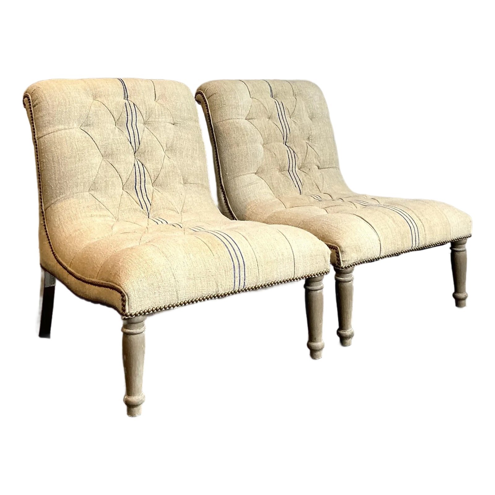 Vintage Boho French Linen Tufted Scroll Slipper Chairs - A Pair