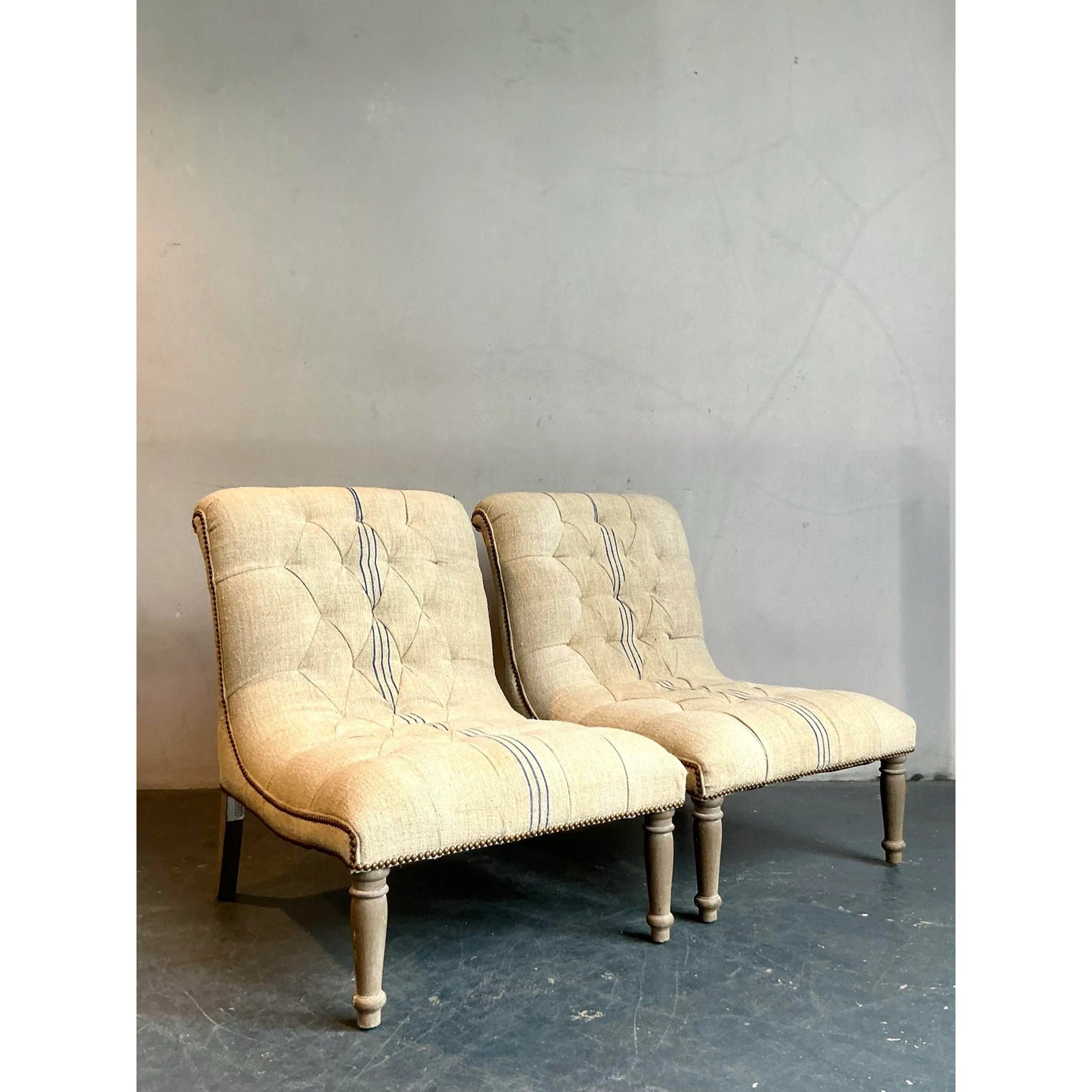Vintage Boho French Linen Tufted Scroll Slipper Chairs - A Pair - Top view