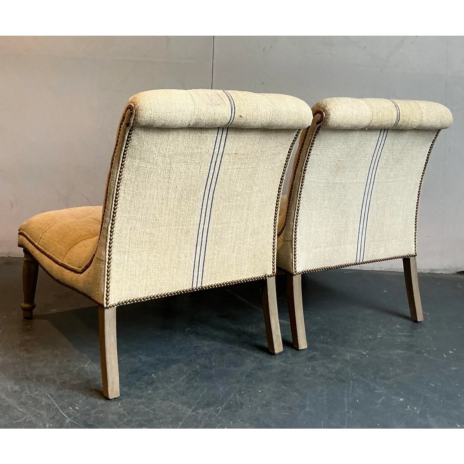Vintage Boho French Linen Tufted Scroll Slipper Chairs - A Pair - Detail view
