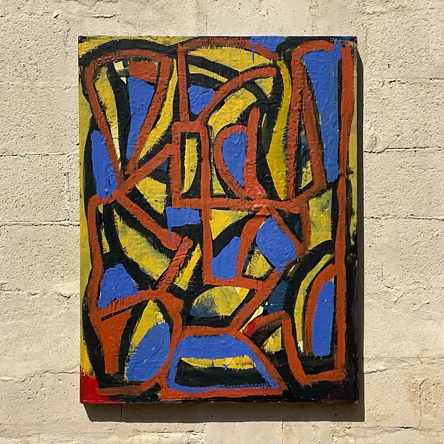 Vintage Boho Geometric Abstract Oil on Canvas Painting - Side view