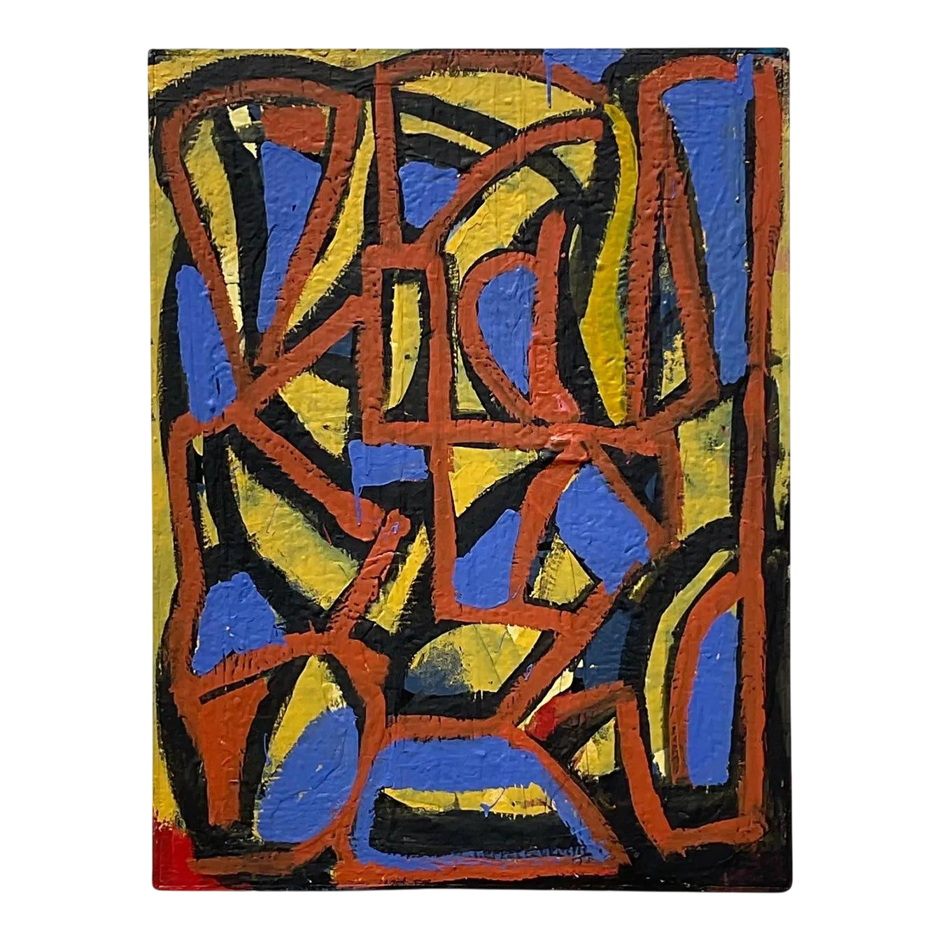 Vintage Boho Geometric Abstract Oil on Canvas Painting
