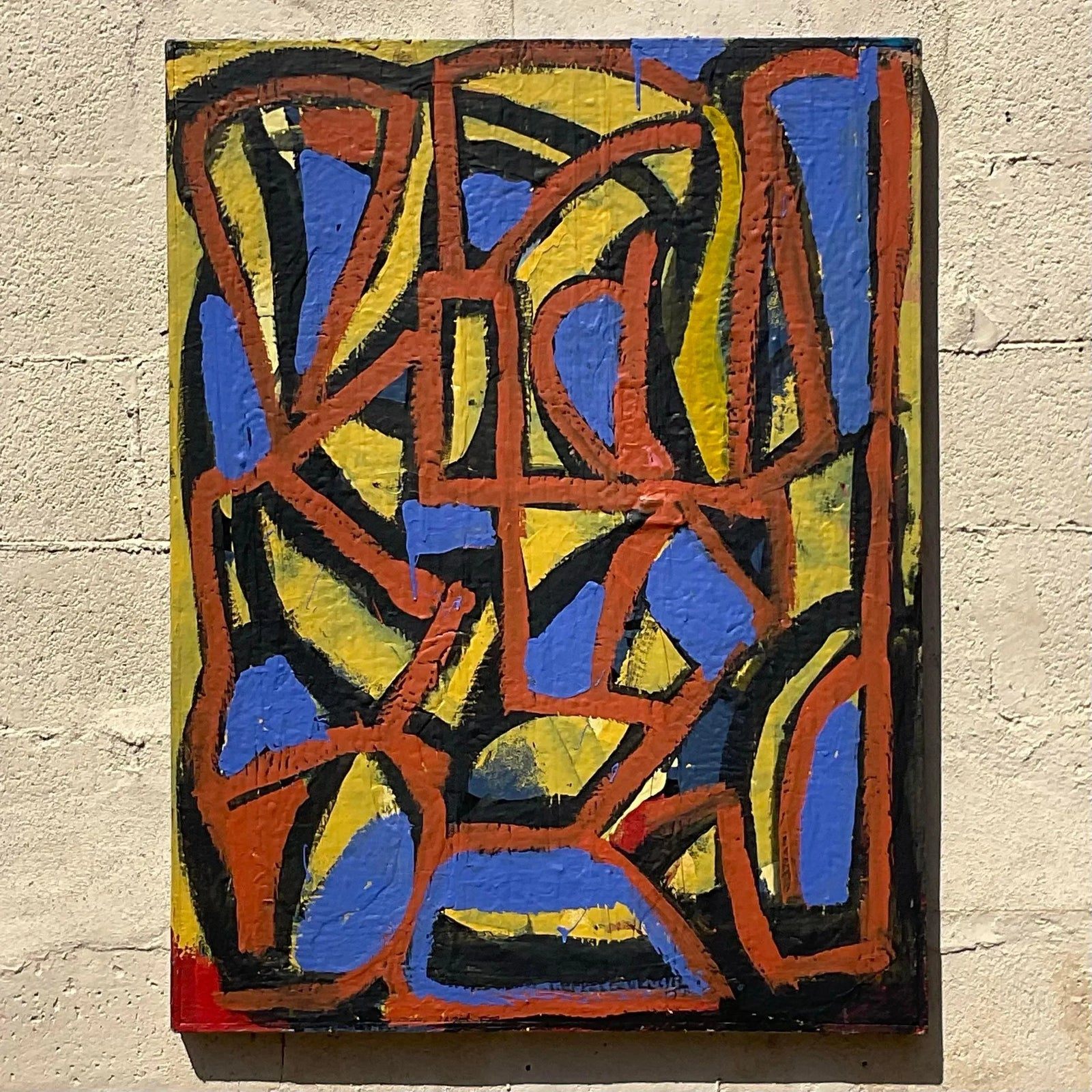 Vintage Boho Geometric Abstract Oil on Canvas Painting - Back view