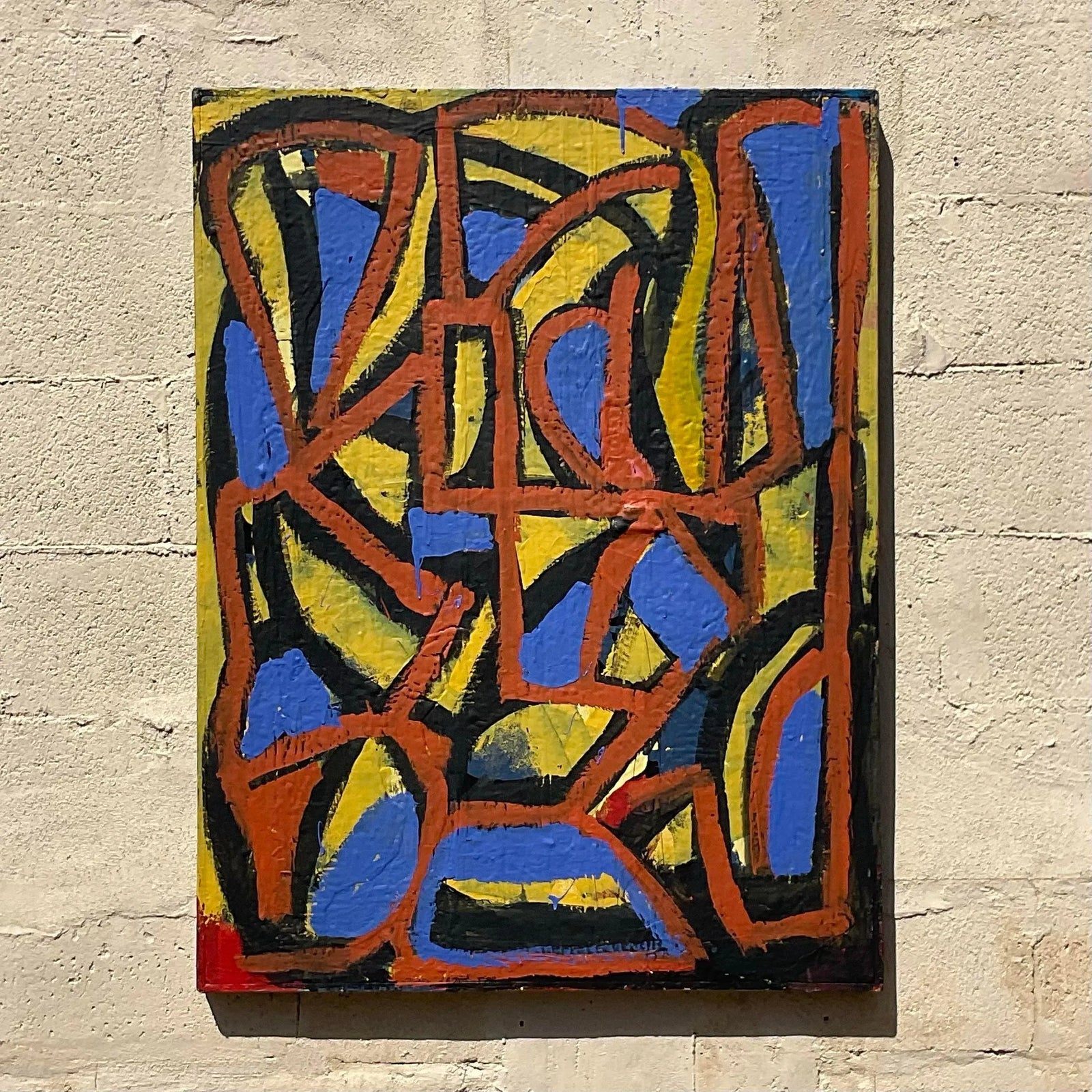 Vintage Boho Geometric Abstract Oil on Canvas Painting - Side view
