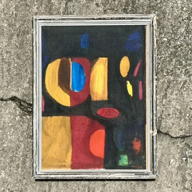 Vintage Boho Geometric Abstract Oil Painting on Board - Side view