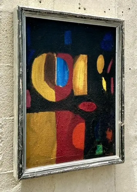 Vintage Boho Geometric Abstract Oil Painting on Board - Detail view