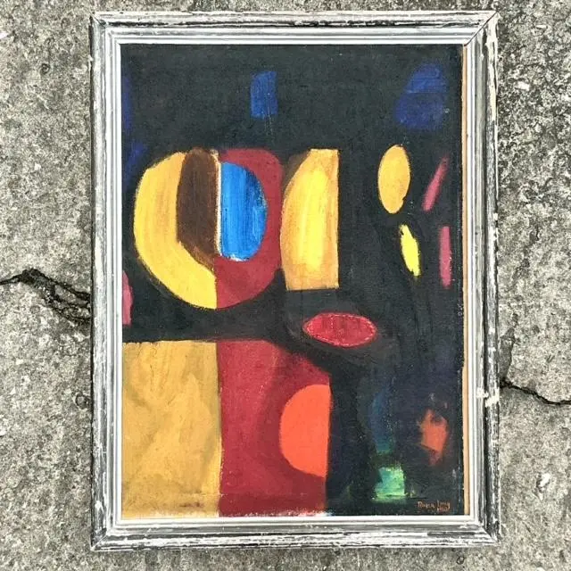 Vintage Boho Geometric Abstract Oil Painting on Board - Back view