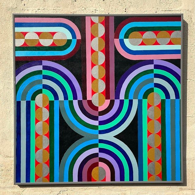Vintage Boho Geometric Abstract Oil Painting on Canvas - Detail view