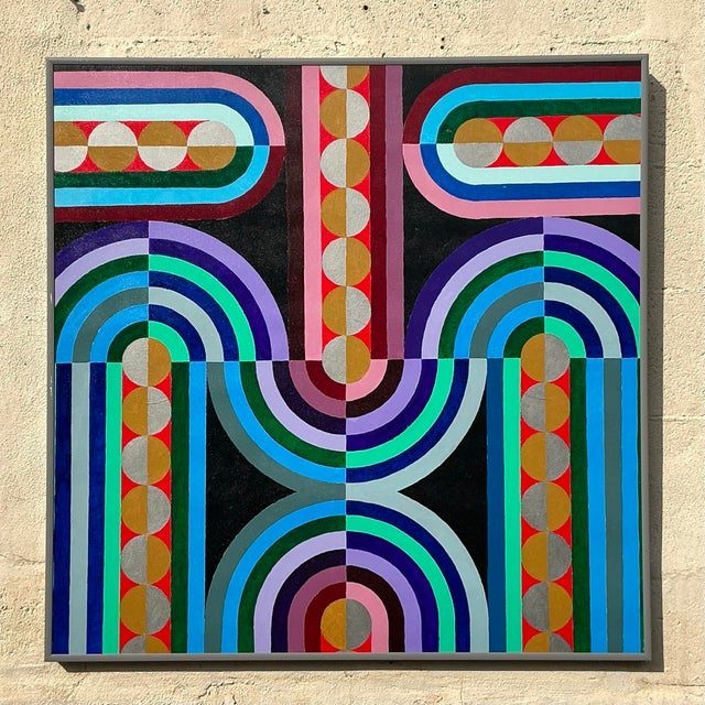 Vintage Boho Geometric Abstract Oil Painting on Canvas - Back view