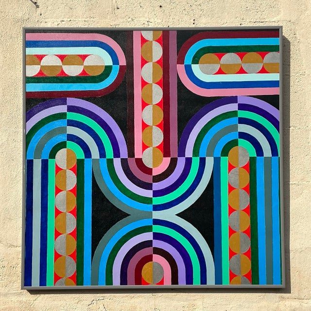 Vintage Boho Geometric Abstract Oil Painting on Canvas - Side view