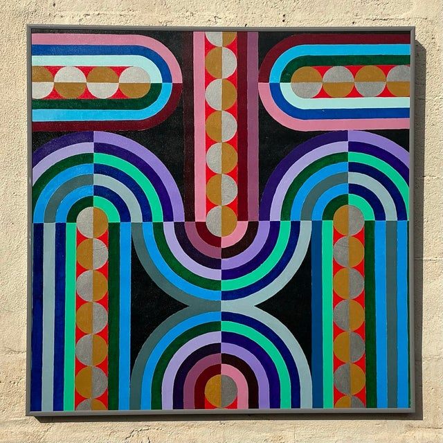 Vintage Boho Geometric Abstract Oil Painting on Canvas - Top view