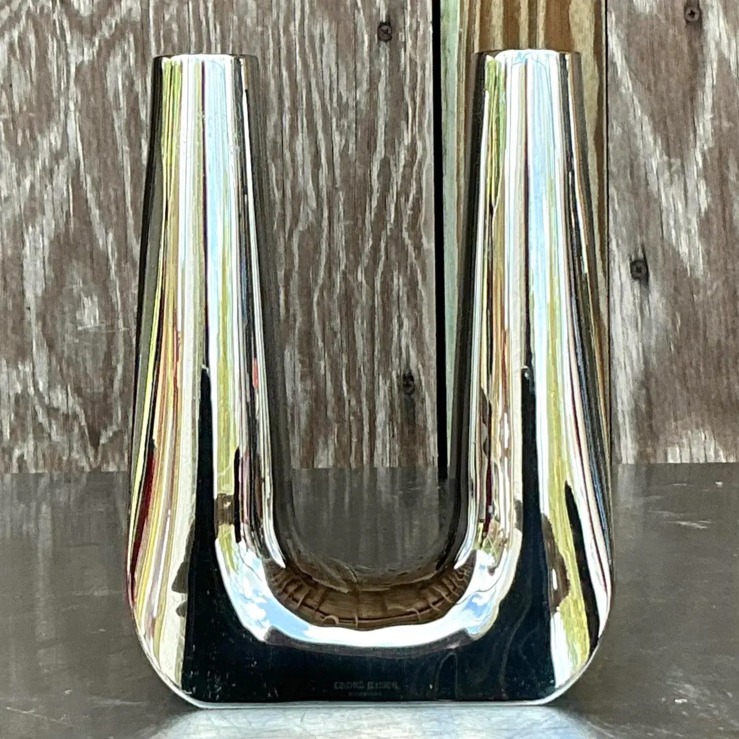 Vintage Boho George Jensen Stainless Steel Candlestick - Back view