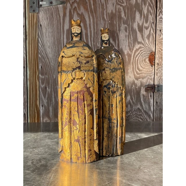 Vintage Boho Gilt Carved Wood Santos Figures- a Pair - Side view