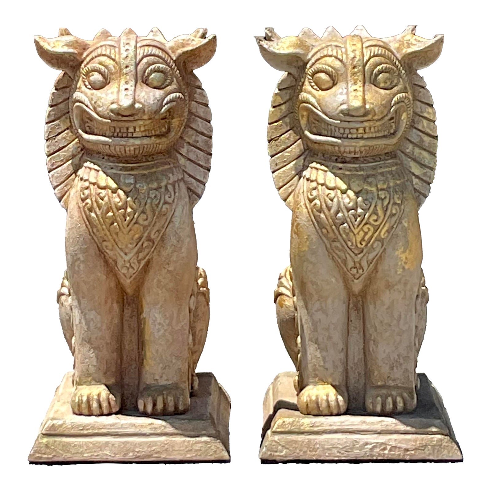 Vintage Boho Gilt Plaster Over Wood Foo Dogs - A Pair