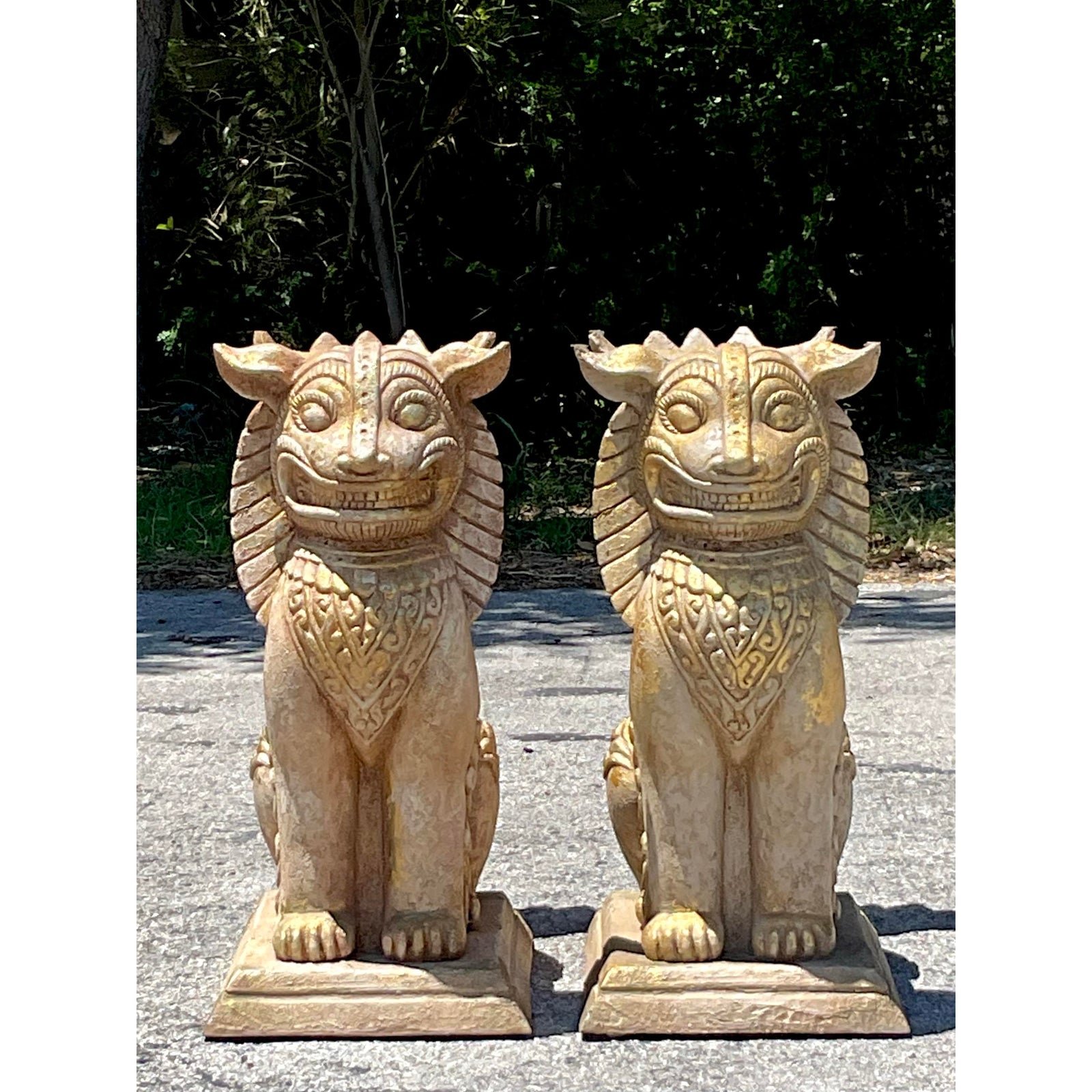 Vintage Boho Gilt Plaster Over Wood Foo Dogs - A Pair - Side view