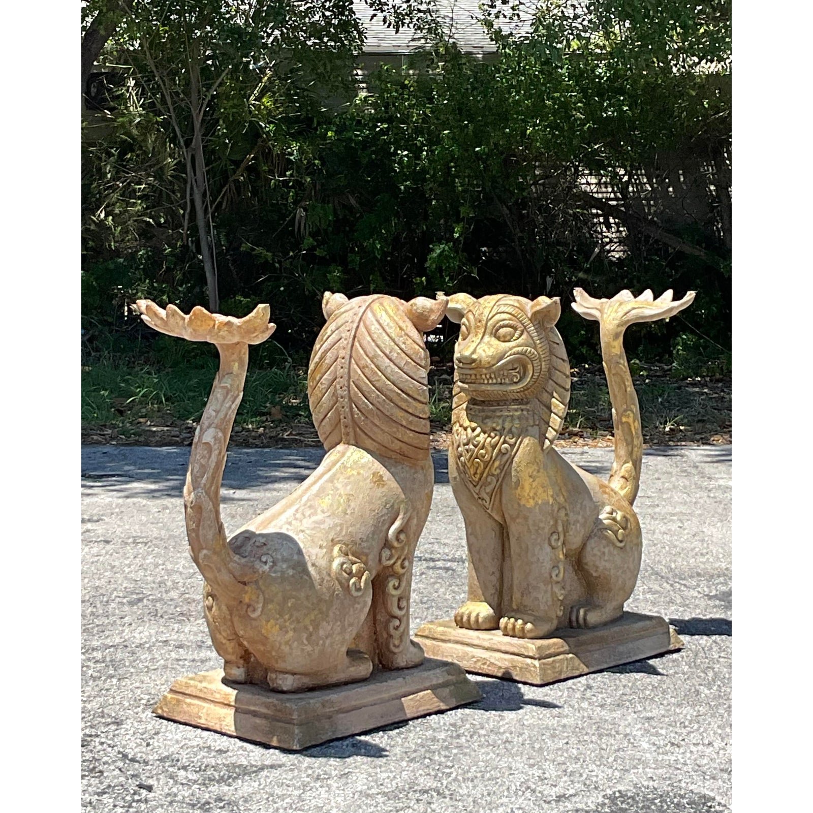 Vintage Boho Gilt Plaster Over Wood Foo Dogs - A Pair - Back view