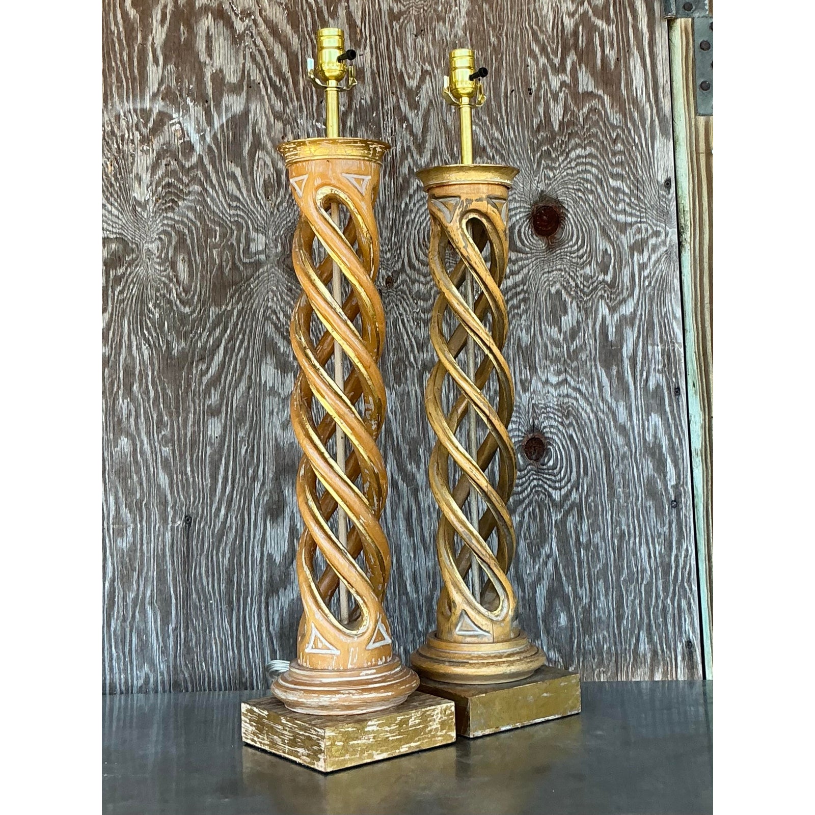 Vintage Boho Gilt Tipped Twist Lamps - A Pair - Top view