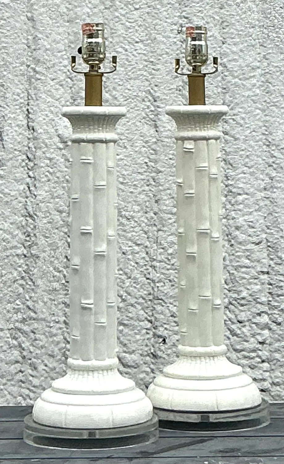 Vintage Boho Glazed Ceramic Bamboo Lamps - a Pair - Detail view
