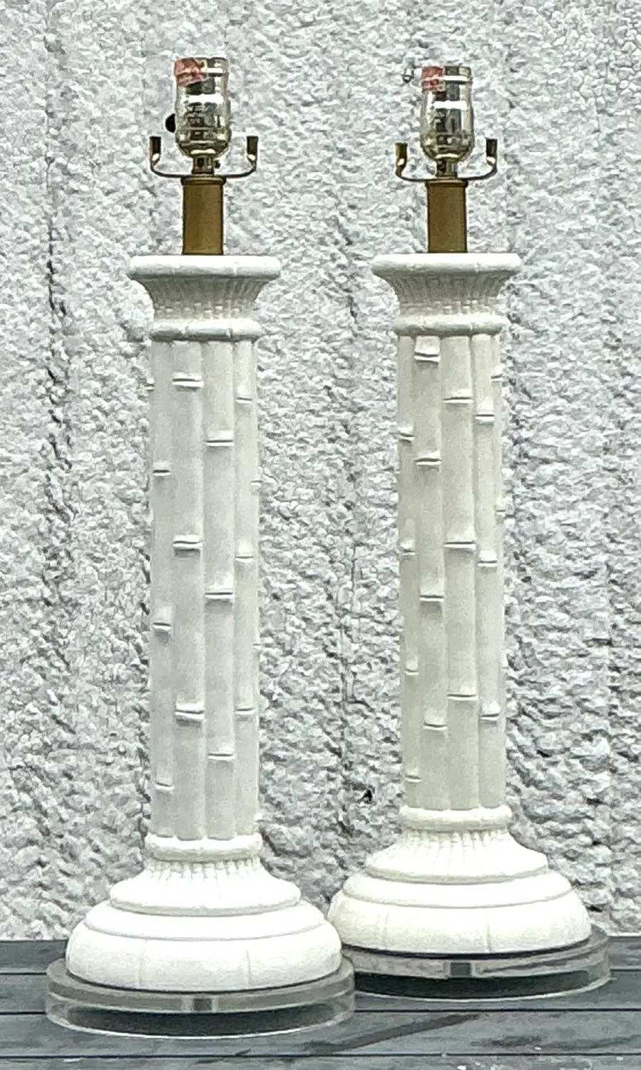 Vintage Boho Glazed Ceramic Bamboo Lamps - a Pair - Back view