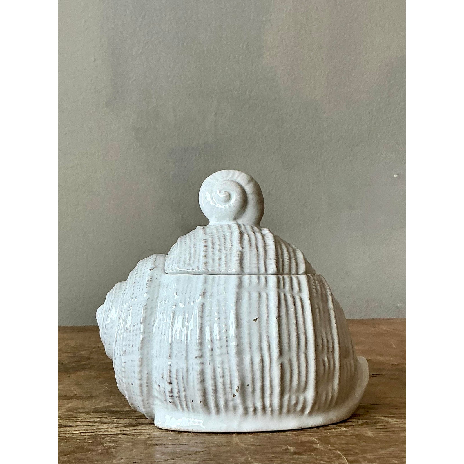 Vintage Boho Glazed Ceramic Conch Shell Honey Pot - Side view