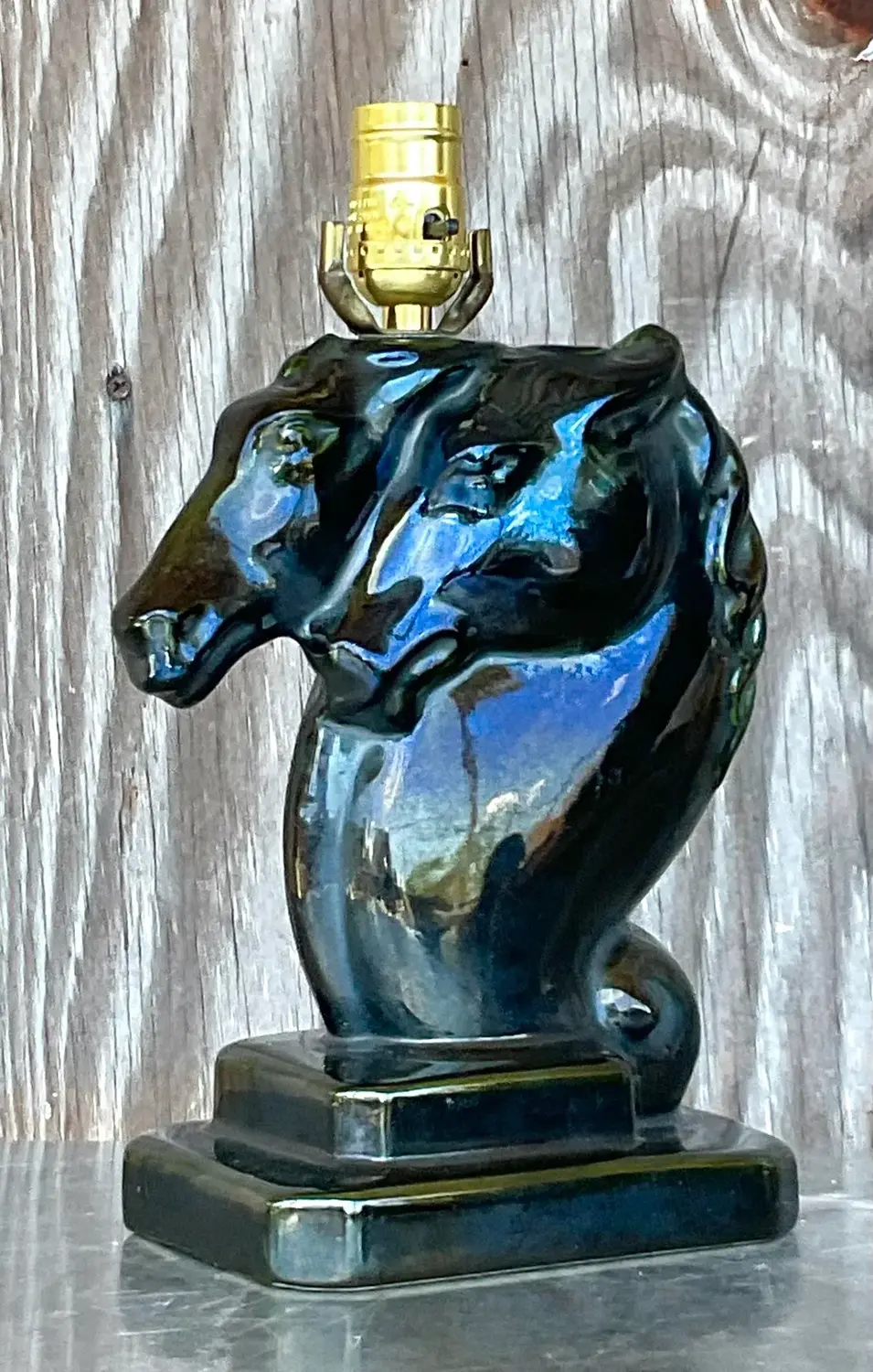 Vintage Boho Glazed Ceramic Double Horse Head Lamp - Detail view