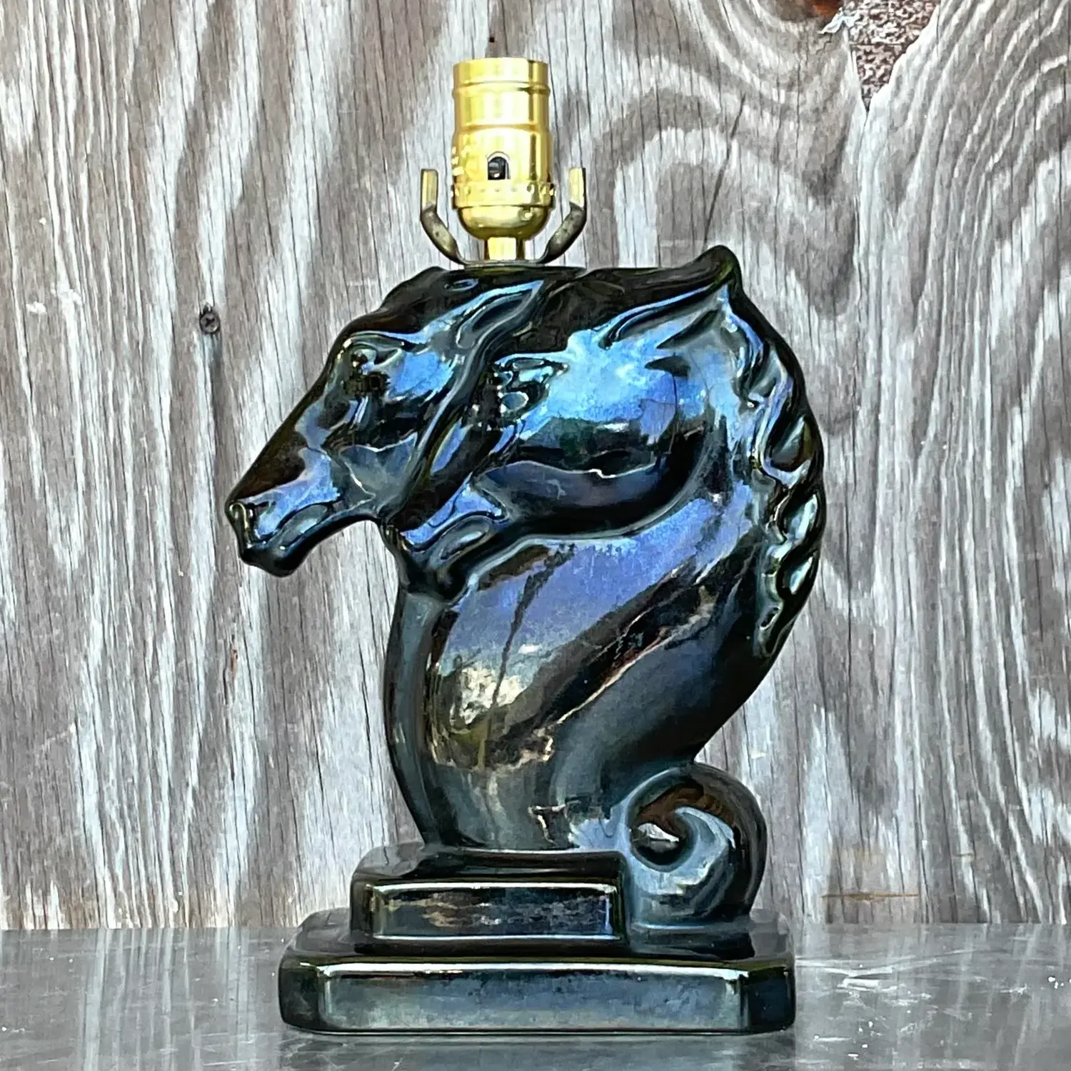 Vintage Boho Glazed Ceramic Double Horse Head Lamp - Side view