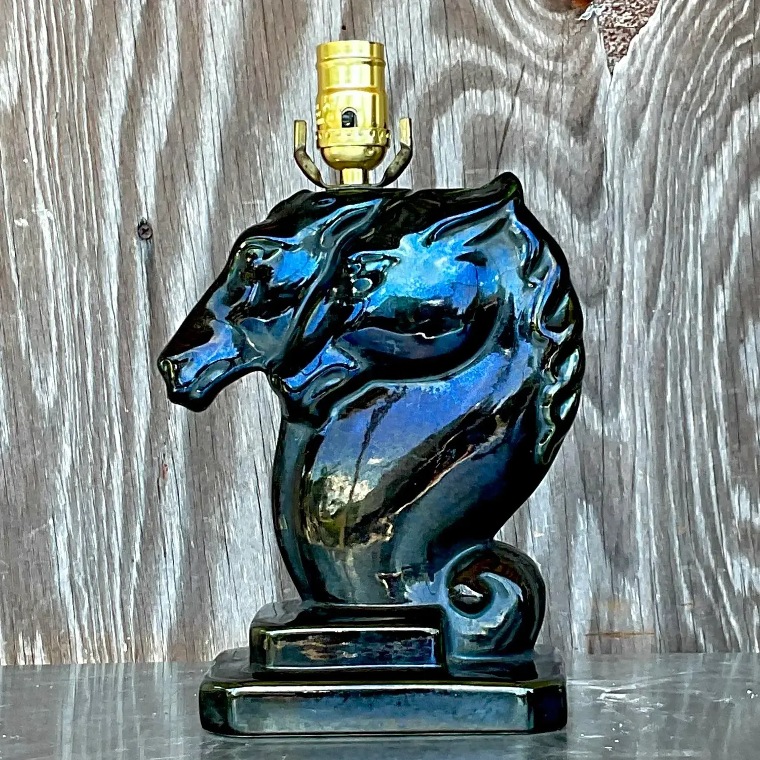 Vintage Boho Glazed Ceramic Double Horse Head Lamp - Back view