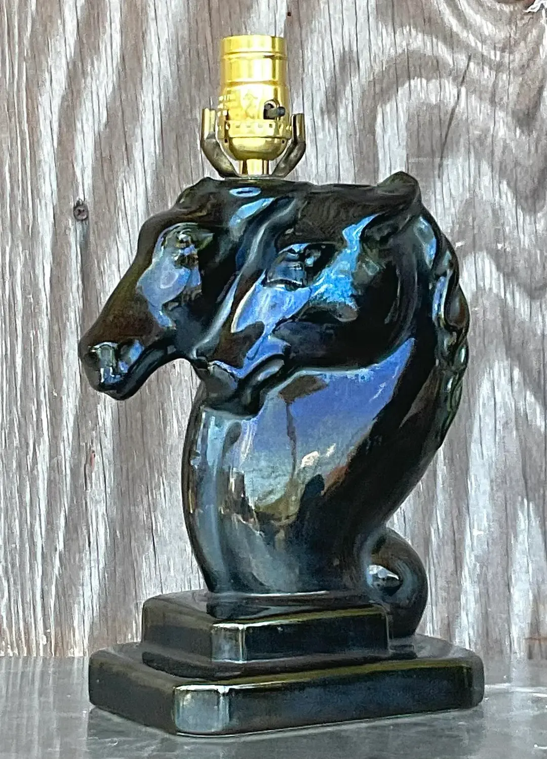 Vintage Boho Glazed Ceramic Double Horse Head Lamp - Top view