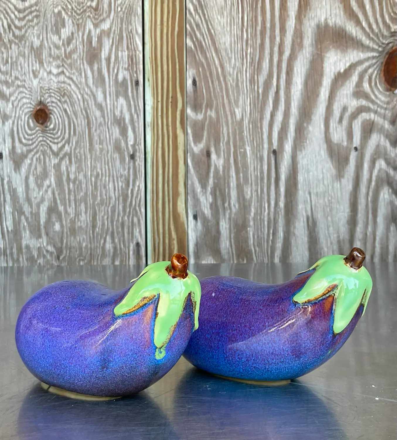 Vintage Boho Glazed Ceramic Eggplants - a Pair - Detail view