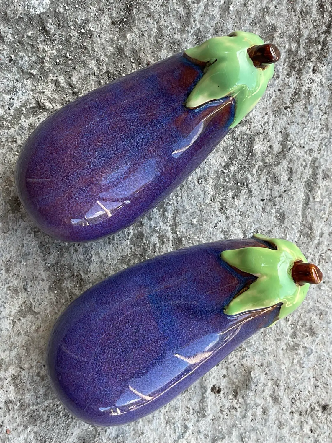 Vintage Boho Glazed Ceramic Eggplants - a Pair - Top view