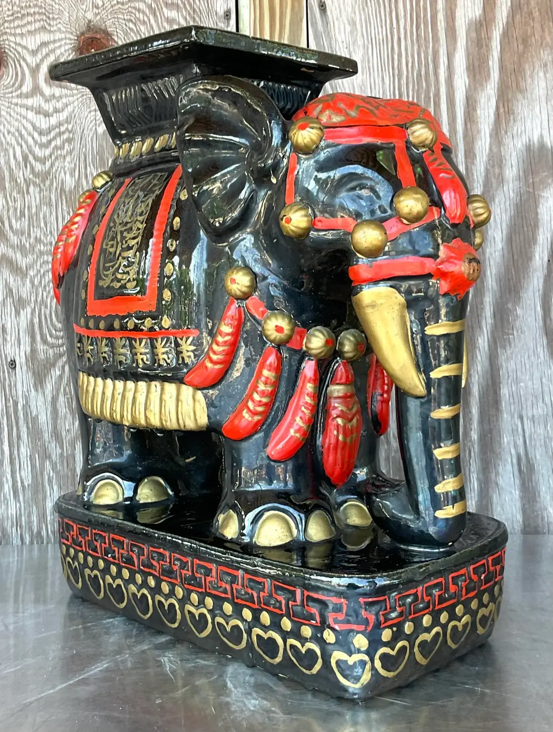 Vintage Boho Glazed Ceramic Elephant Low Stool - Detail view
