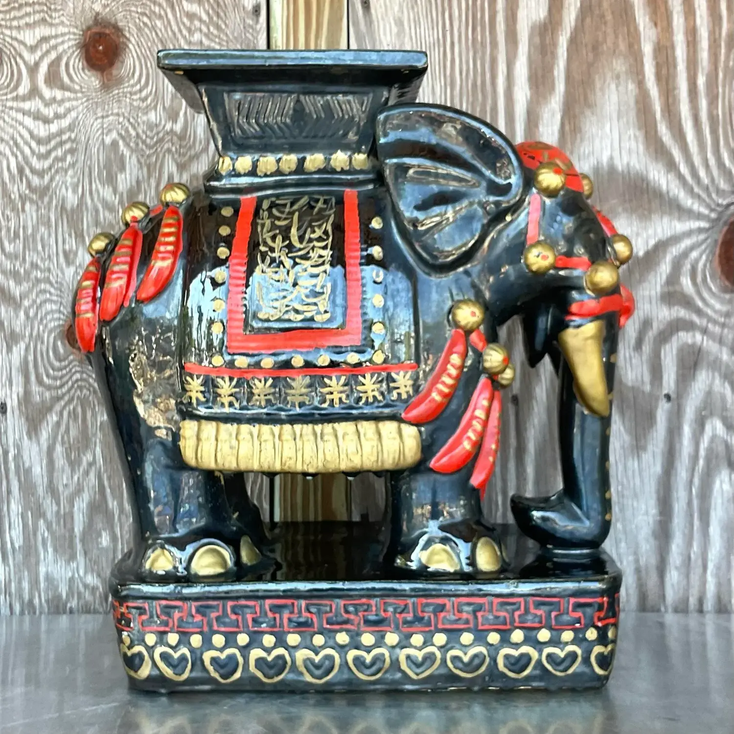 Vintage Boho Glazed Ceramic Elephant Low Stool - Side view