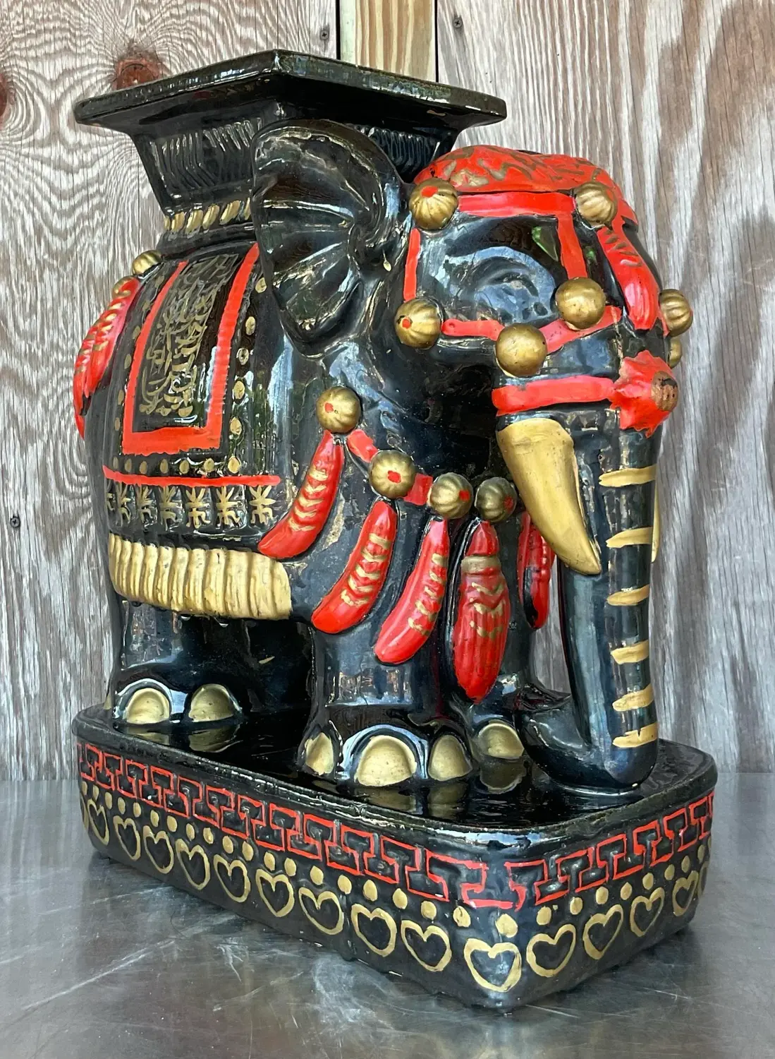 Vintage Boho Glazed Ceramic Elephant Low Stool - Top view