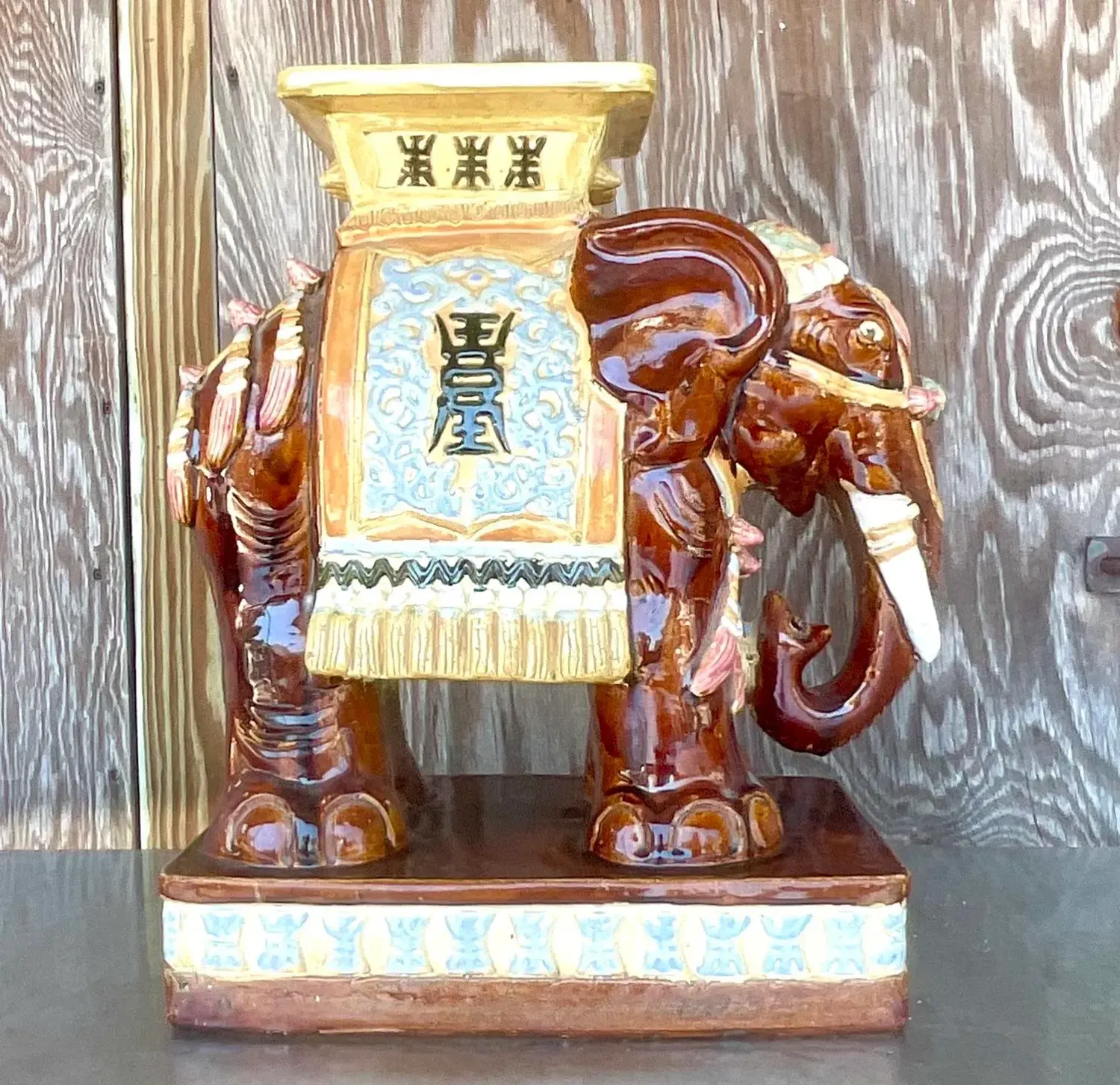 Vintage Boho Glazed Ceramic Elephant Stool - Side view