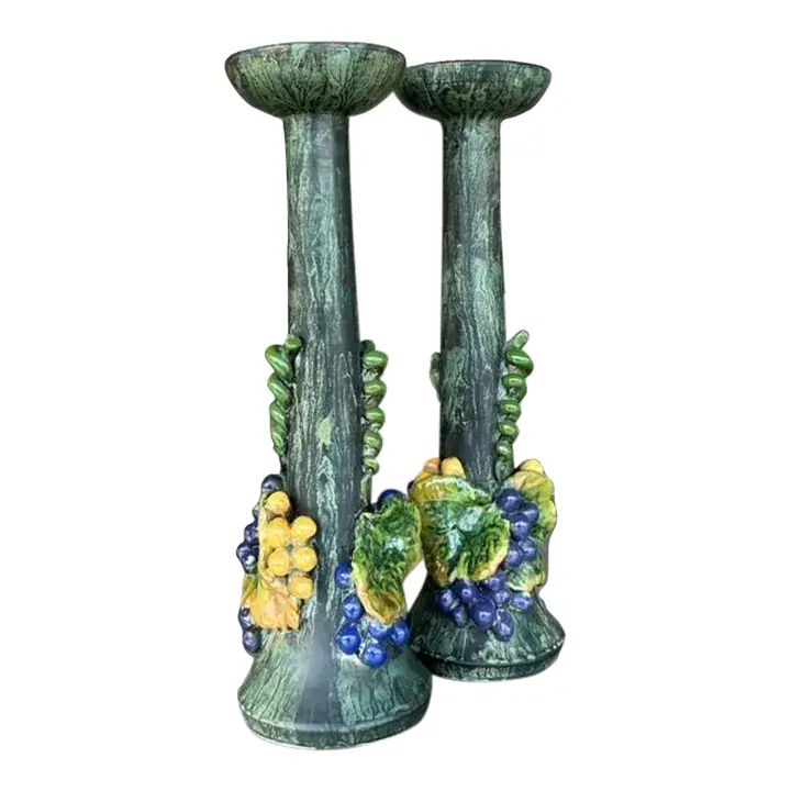 Vintage Boho Glazed Ceramic Grapes Candlesticks - a Pair