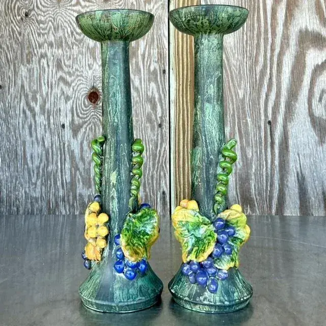 Vintage Boho Glazed Ceramic Grapes Candlesticks - a Pair - Back view