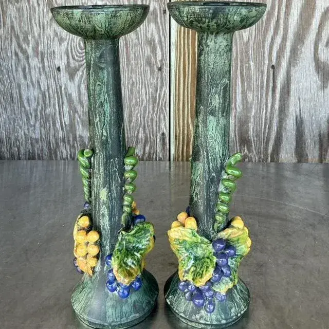 Vintage Boho Glazed Ceramic Grapes Candlesticks - a Pair - Detail view