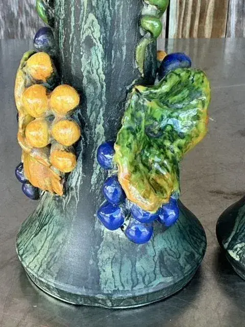 Vintage Boho Glazed Ceramic Grapes Candlesticks - a Pair - Side view