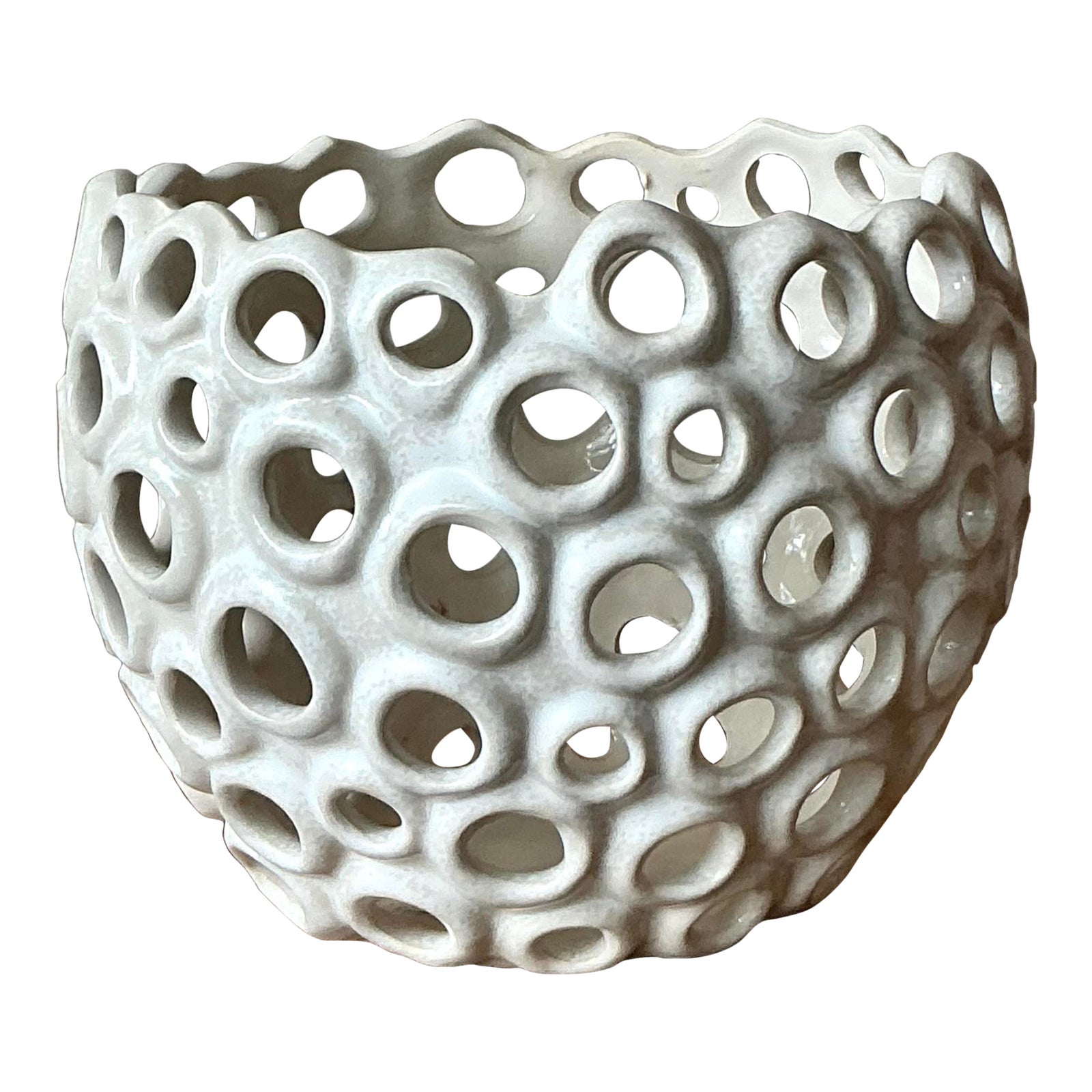 Vintage Boho Glazed Ceramic Holes Bowl - Detail view