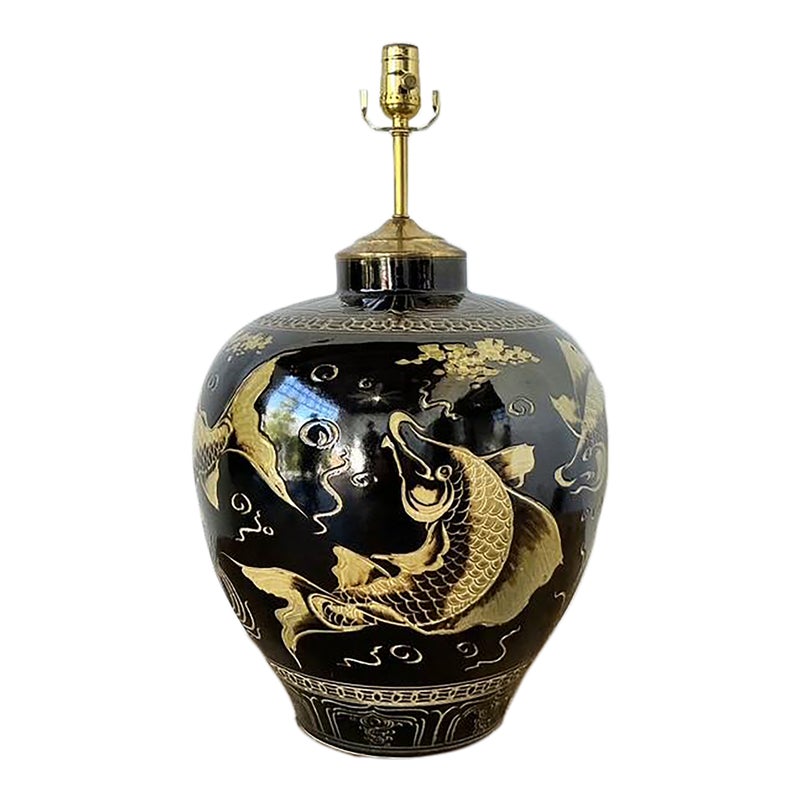 Vintage Boho Glazed Ceramic Koi Lamp