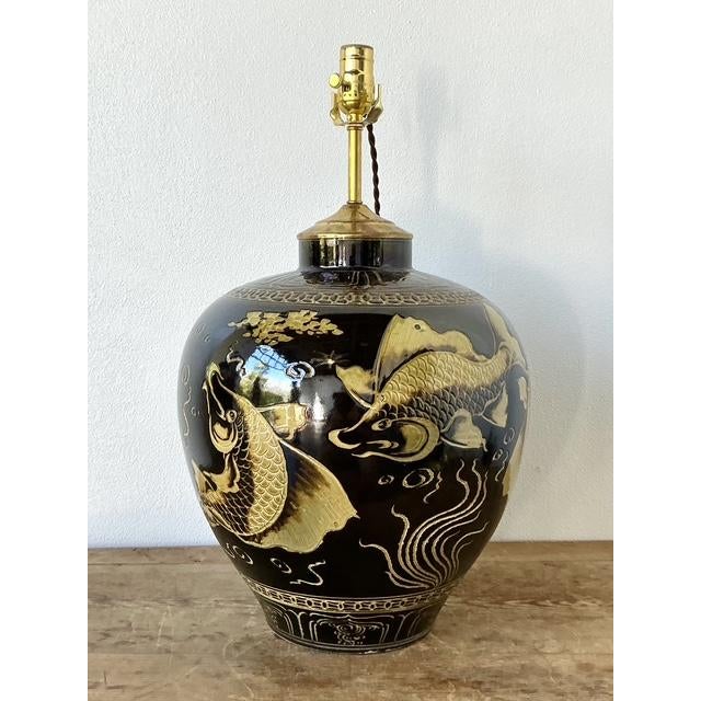 Vintage Boho Glazed Ceramic Koi Lamp - Top view