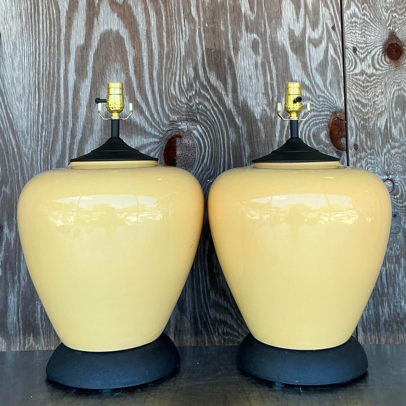 Vintage Boho Glazed Ceramic Lamps - A Pair - Detail view