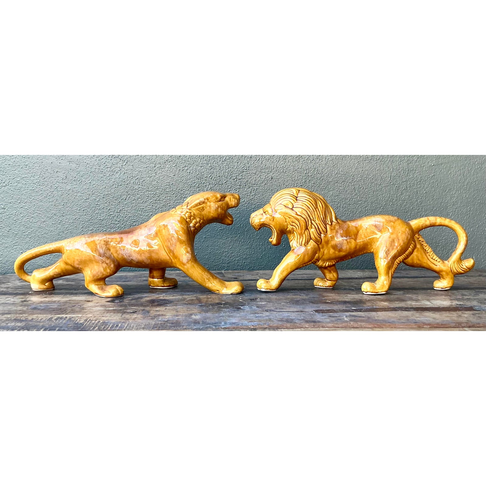 Vintage Boho Glazed Ceramic Lions - Set of 2