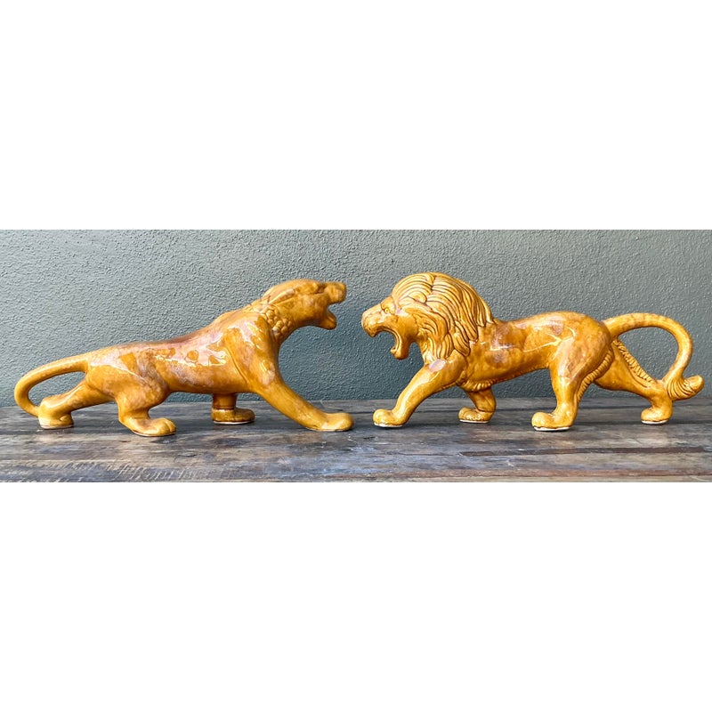 Vintage Boho Glazed Ceramic Lions - Set of 2 - Side view