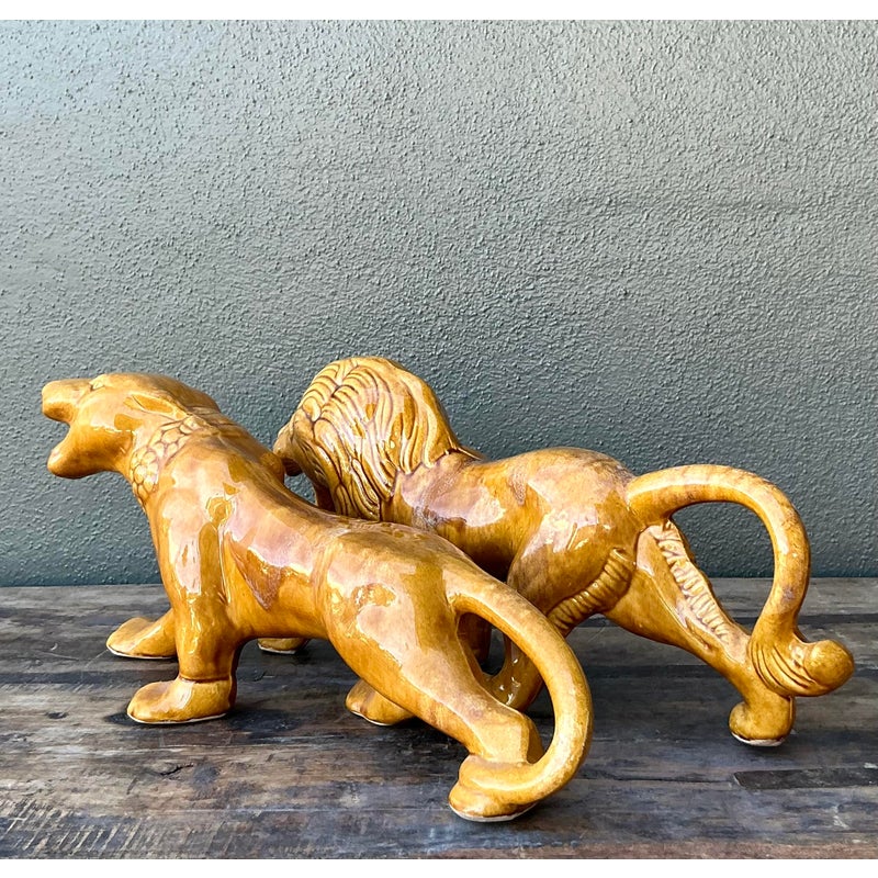 Vintage Boho Glazed Ceramic Lions - Set of 2 - Top view