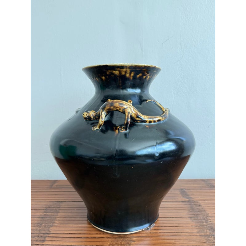 Vintage Boho Glazed Ceramic Lizard Vessel - Back view
