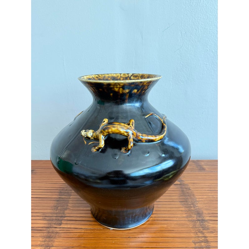 Vintage Boho Glazed Ceramic Lizard Vessel - Top view