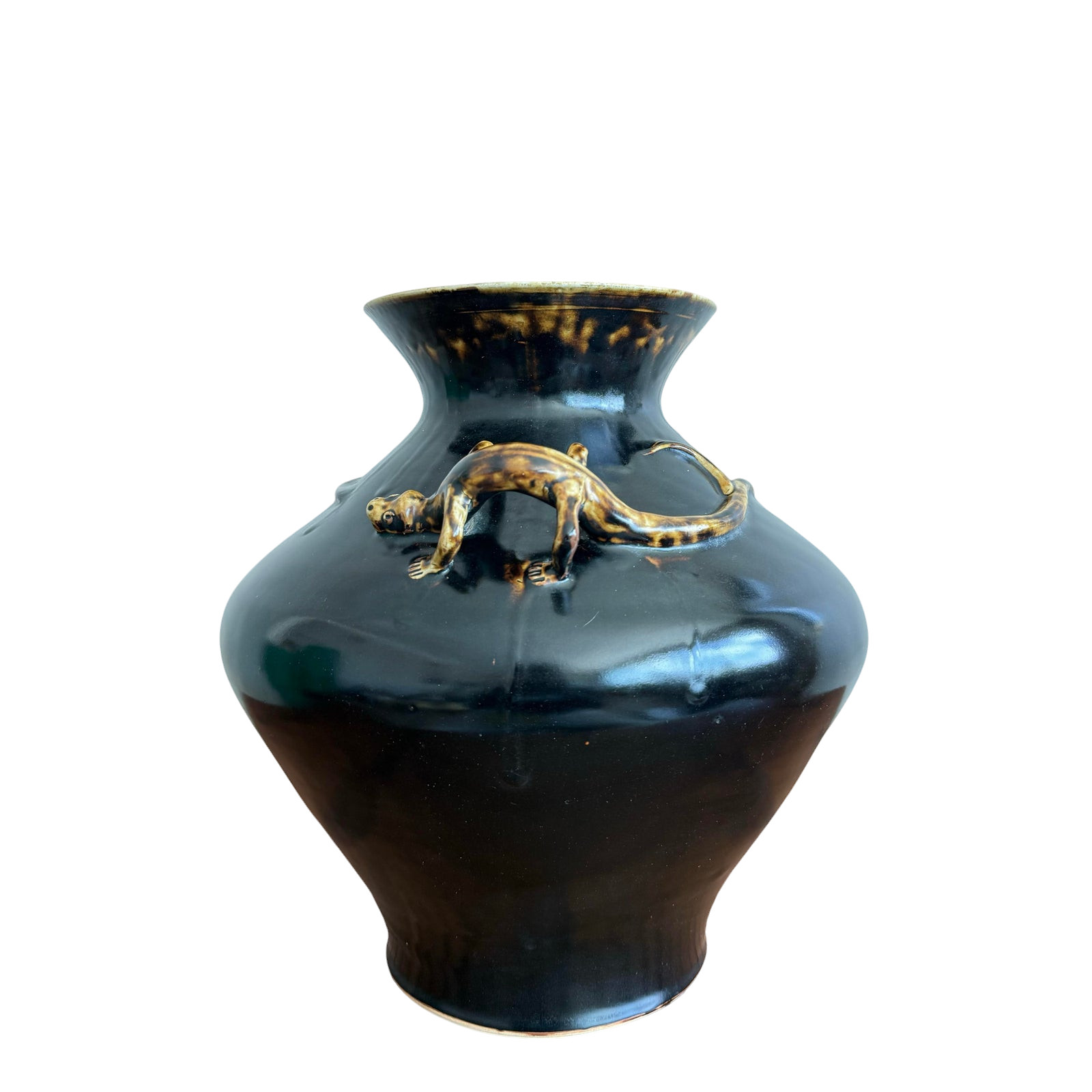 Vintage Boho Glazed Ceramic Lizard Vessel - Detail view
