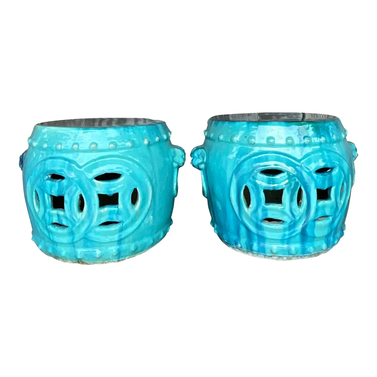 Vintage Boho Glazed Ceramic Low Stools - a Pair