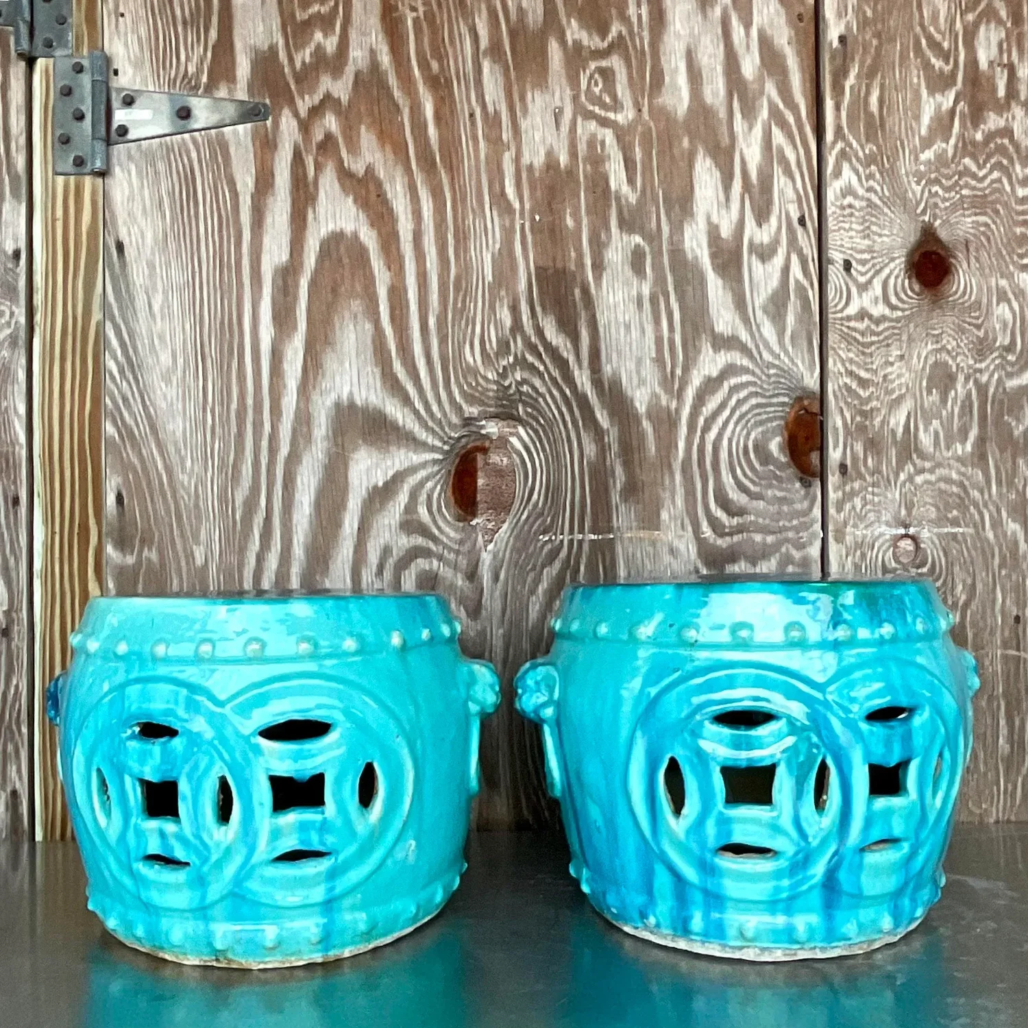 Vintage Boho Glazed Ceramic Low Stools - a Pair - Top view