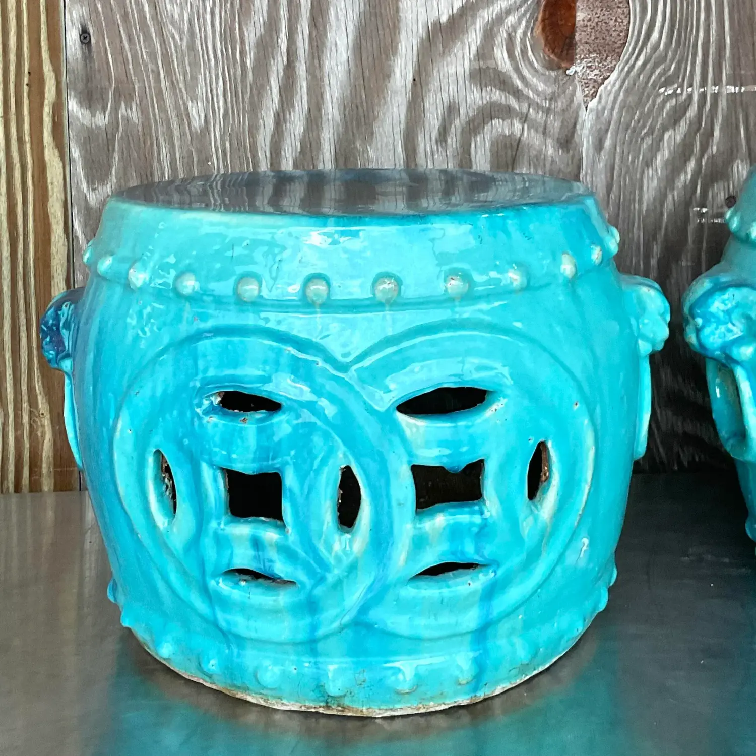 Vintage Boho Glazed Ceramic Low Stools - a Pair - Detail view